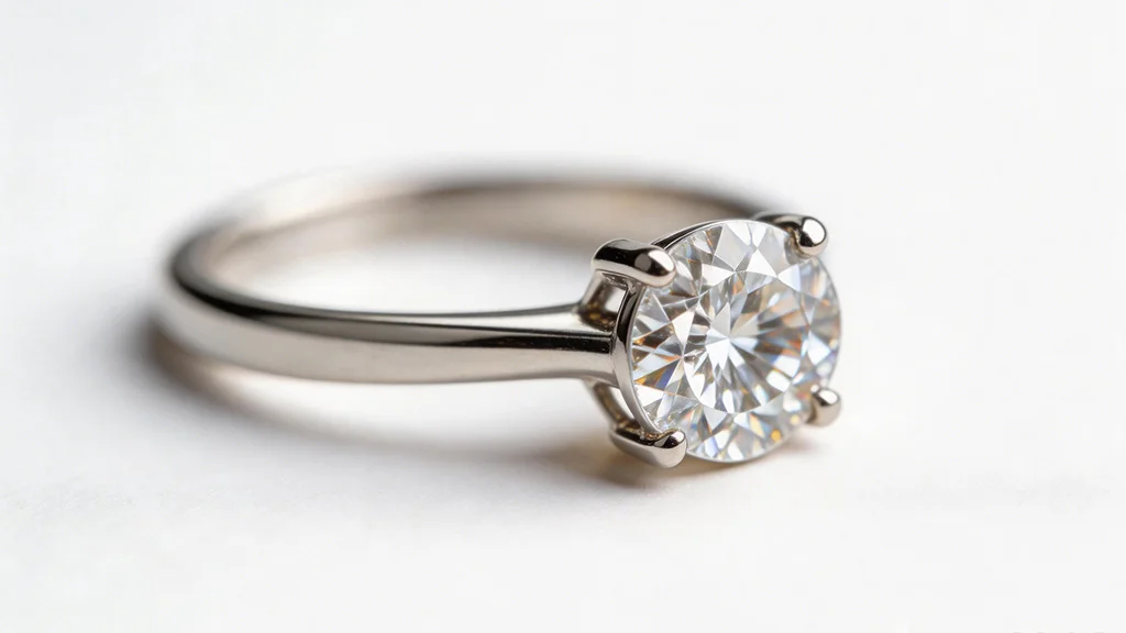 Platinum four prong round brilliant solitaire engagement ring, close up — Provence Jewellery