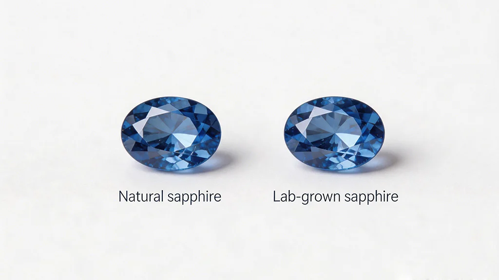 Side by side comparison of a natural blue sapphire and a lab grown blue sapphire, both oval cut, showing near identical colour and clarity
