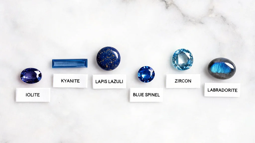 Six blue gemstones arranged on white marble — iolite, kyanite, lapis lazuli, blue spinel, blue zircon, and labradorite — showing a variety of shades from indigo to iridescent blue