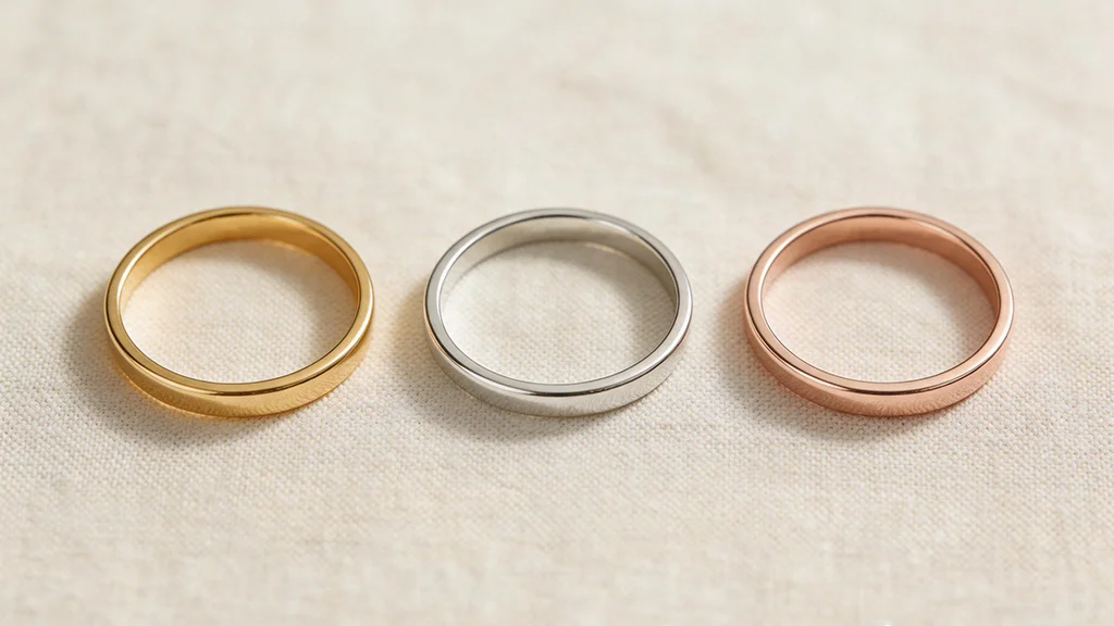 Three gold rings in yellow gold, white gold, and rose gold arranged side by side to show the colour difference between gold alloy types