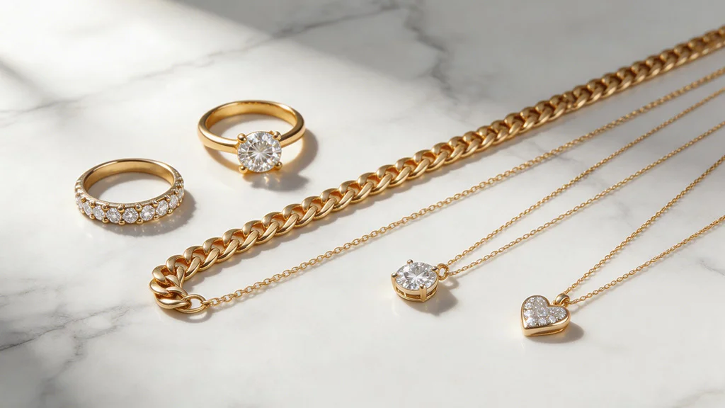 Top jewelry manufacturers in the world moissanite rings gold chains and diamond pendants flat lay on marble surface