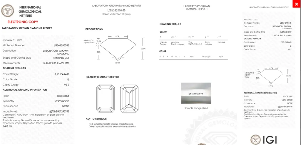 an igi certification document sample for a lab grown diamoand