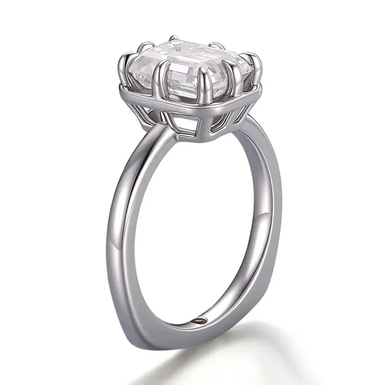 platinum emerald cut moissanite eight prong solitaire engagement ring 1