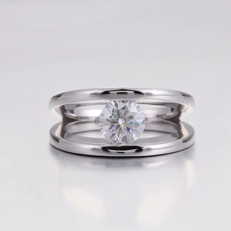 platinum round cut moissanite channel split shank engagement ring 1