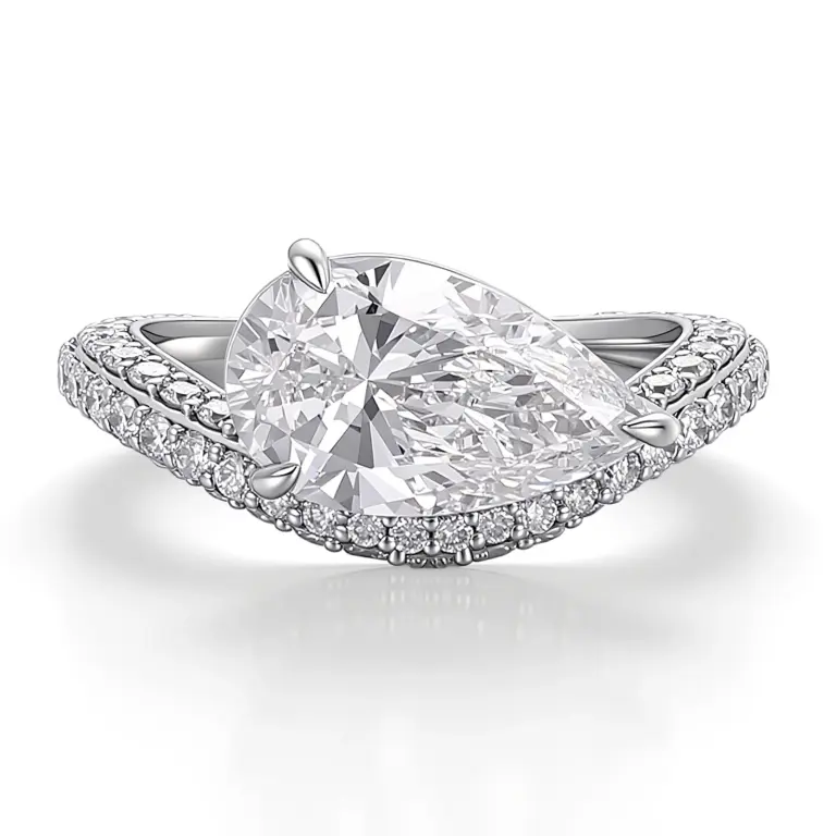 10k white gold pear lab grown diamond prong set side stone engagement ring 1