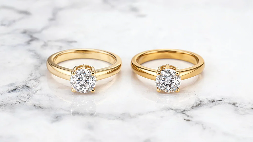 14K vs 18K gold solitaire engagement rings side by side