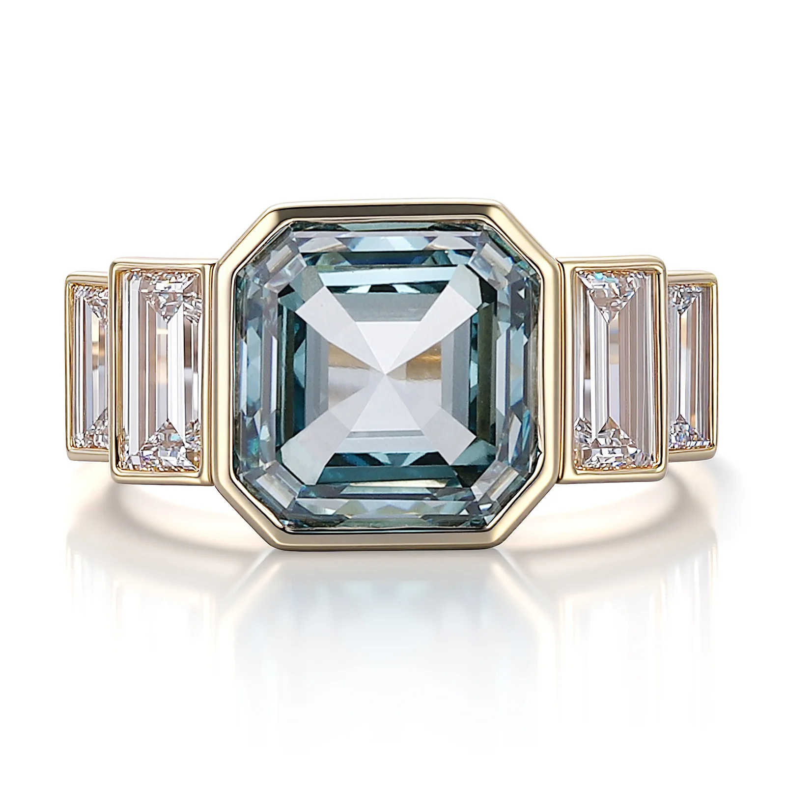 14k gold asscher blue lab grown diamond bezel side stone engagement ring 1 14k gold asscher blue lab grown diamond bezel side stone engagement ring 1