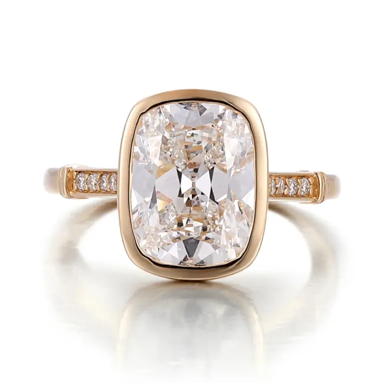 14k gold cushion lab grown diamond bezel side stone engagement ring 1