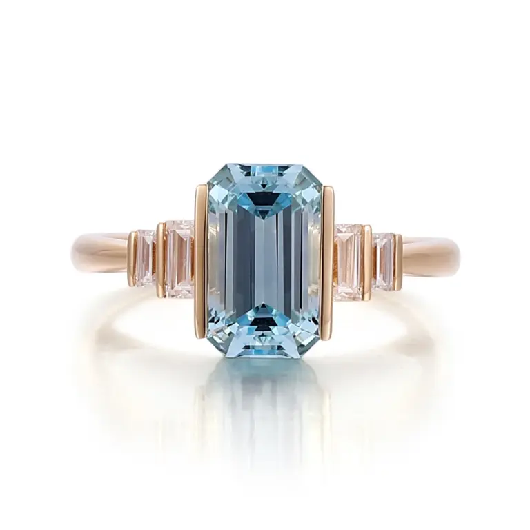 14k gold emerald blue lab grown diamond channel set side stone engagement ring 1