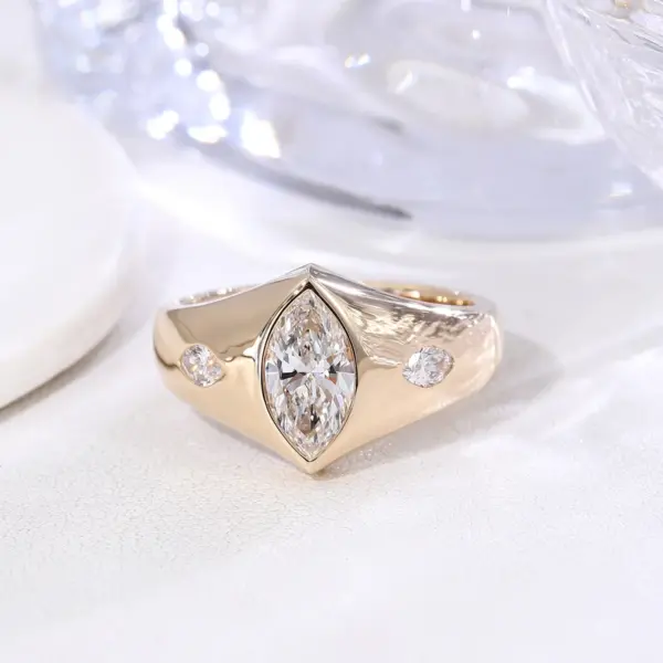 14K Gold Marquise Lab Grown Diamond Bezel Wide Band Engagement Ring ...