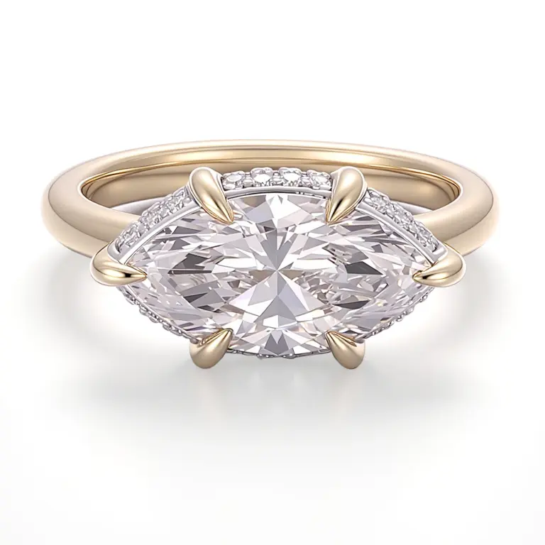 14k gold marquise lab grown diamond prong set hidden halo engagement ring 1