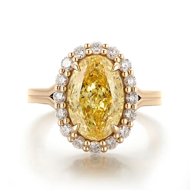 14k gold oval yellow lab grown diamond prong set halo engagement ring 1