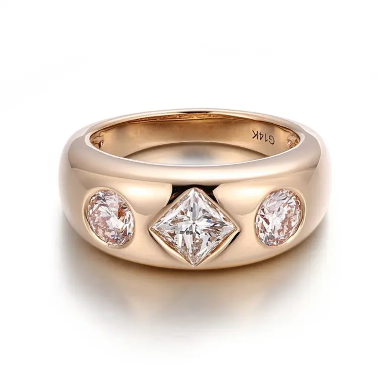 14k gold princess lab grown diamond bezel three stone engagement ring 1