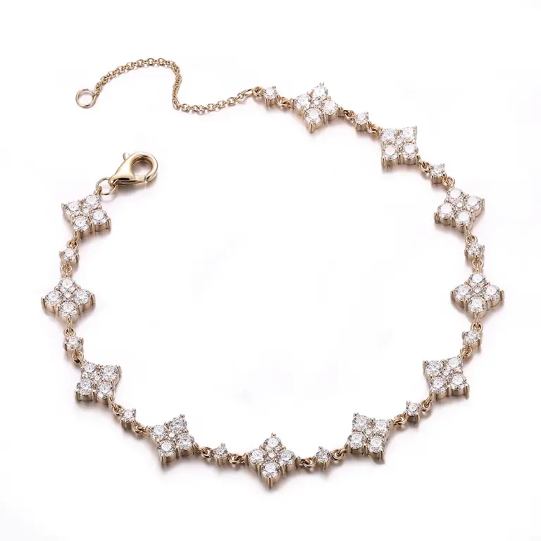 14k gold round lab grown diamond prong set clover bracelet 1