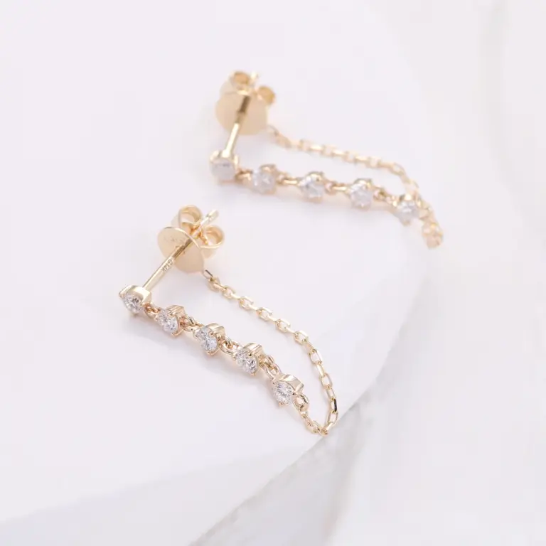 14k gold round lab grown diamond three prong drop earring 1