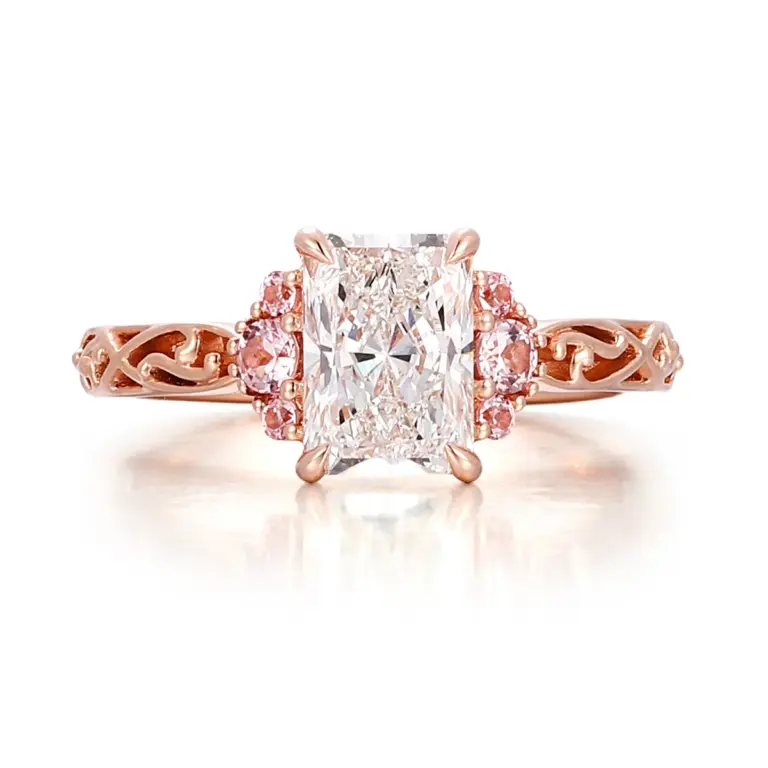 14k rose gold radiant lab grown diamond prong set cluster engagement ring 1