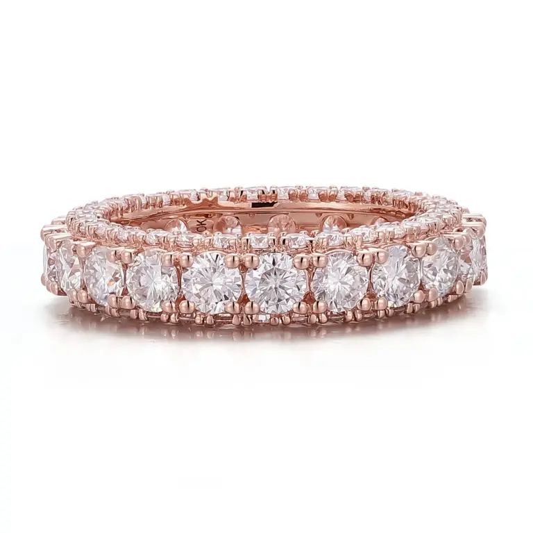 14k rose gold round lab grown diamond prong set eternity ring 1