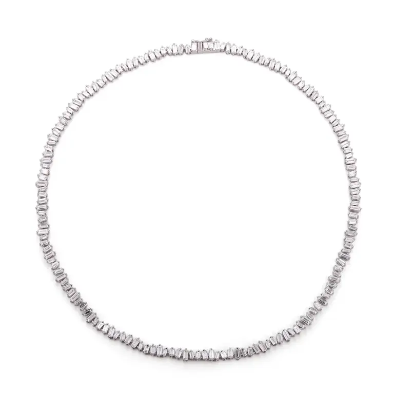 14k white gold baguette lab grown diamond prong set tennis necklace 1