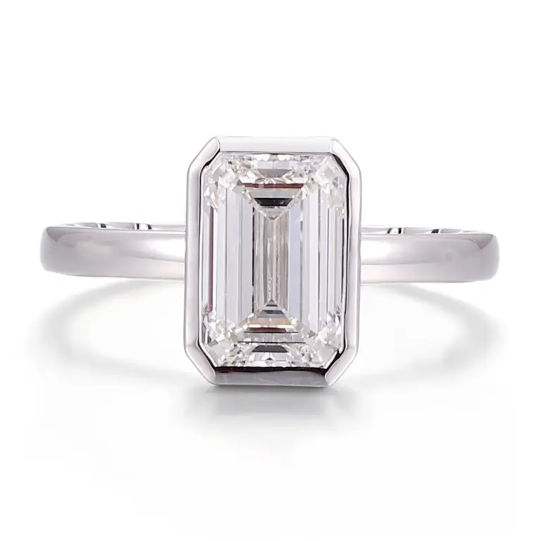 14k white gold emerald lab grown diamond bezel solitaire engagement ring 1