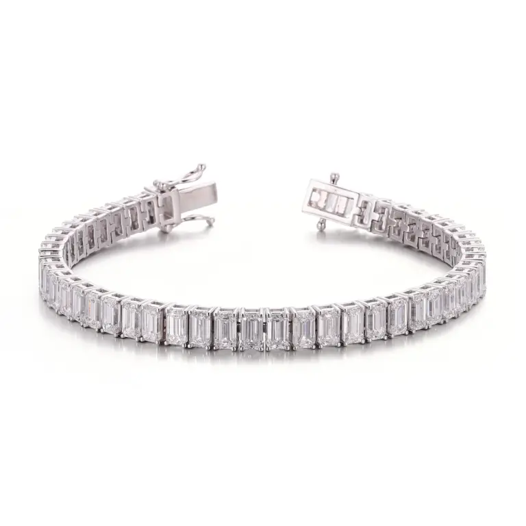 14k white gold emerald lab grown diamond four prong tennis bracelet 1