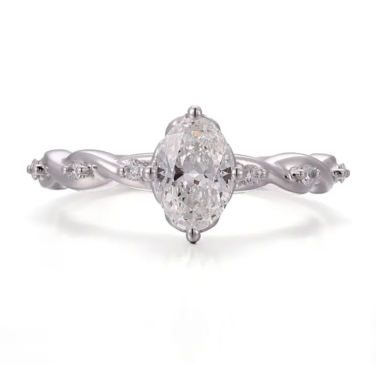 14k white gold oval lab grown diamond prong set side stone engagement ring 1