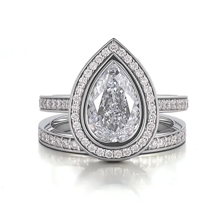 14k white gold pear lab grown diamond bezel halo engagement ring 1