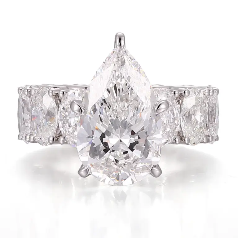 14k white gold pear lab grown diamond prong set side stone engagement ring 1