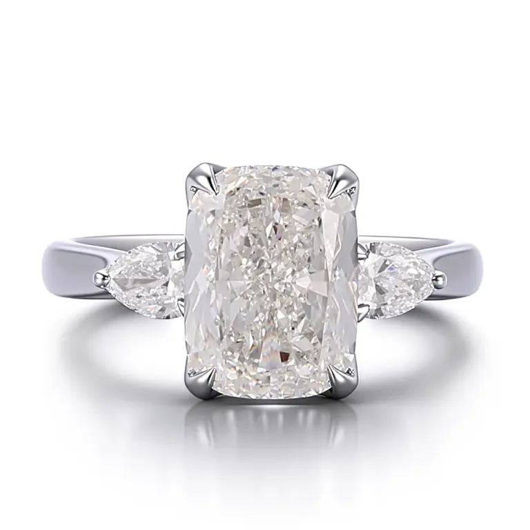 14k white gold radiant lab grown diamond prong set three stone engagement ring 1