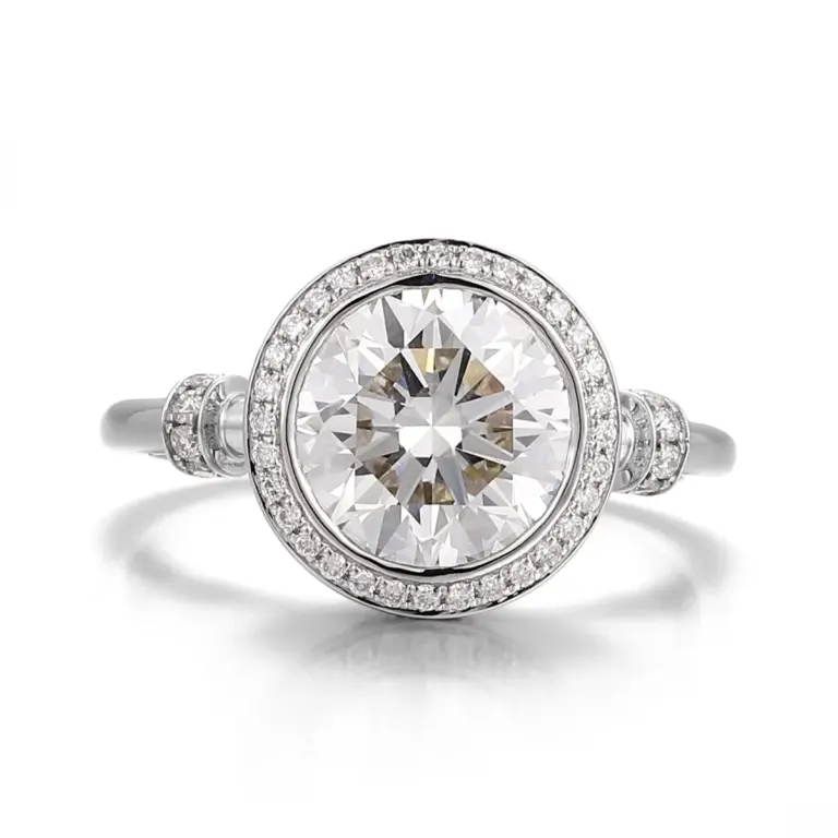 14k white gold round lab grown diamond bezel halo engagement ring 1