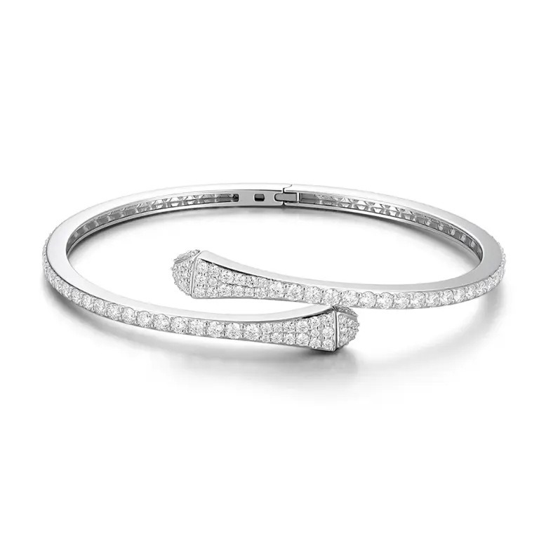 14k white gold round lab grown diamond pave set bangle bracelet 1