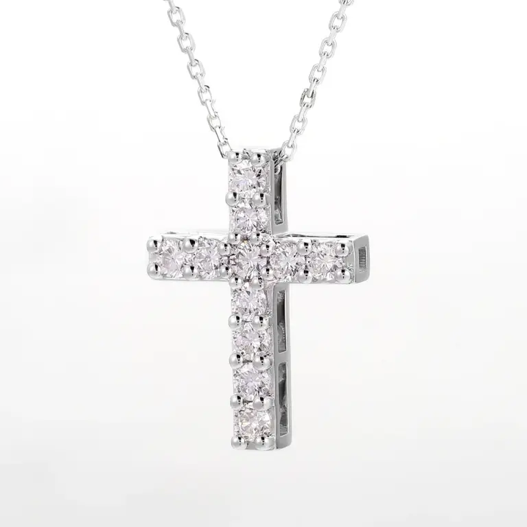 14k white gold round lab grown diamond prong set cross necklace 1