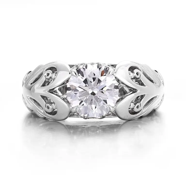 14k white gold round lab grown diamond prong set wide band engagement ring 1