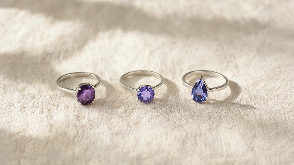 3 types of purple gemstones ring displayed together on a cream background
