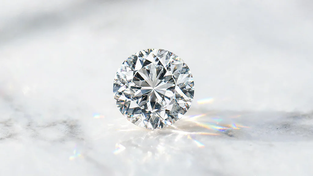 A brilliant round diamond resting on a white marble surface with soft natural light