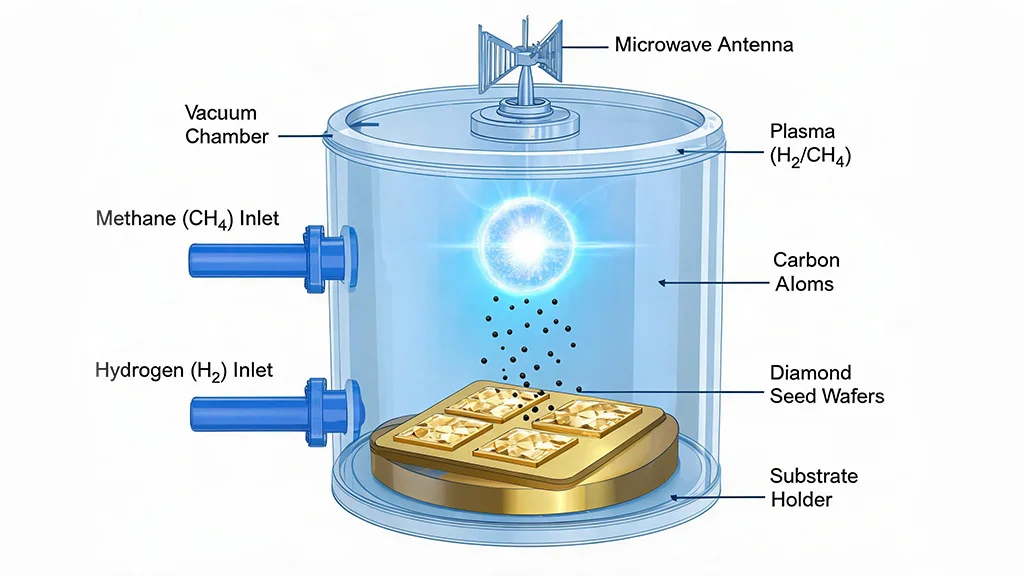 A cross section diagram of a CVD diamond growth chamber showing a microwave antenna, glowing plasma ball, diamond seed wafers on a substrate holder, and gas inlet pipes