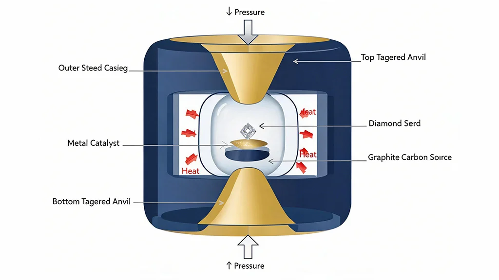 A cross section diagram of an HPHT belt press machine showing steel casing, tapered anvils, and a central capsule containing graphite, metal catalyst, and a diamond seed crystal