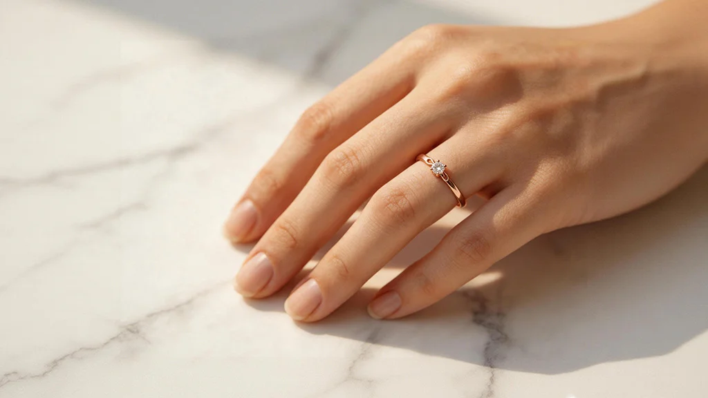 A delicate rose gold promise ring worn on the right ring finger, resting on a marble surface in warm natural light