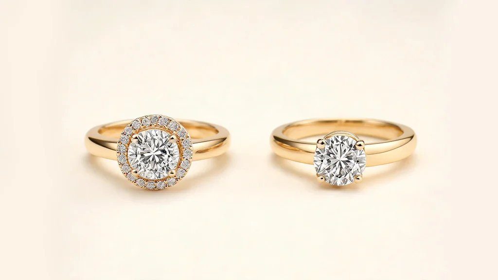 A halo ring and a hidden halo ring with same diamond shape showing halo vs hidden halo results