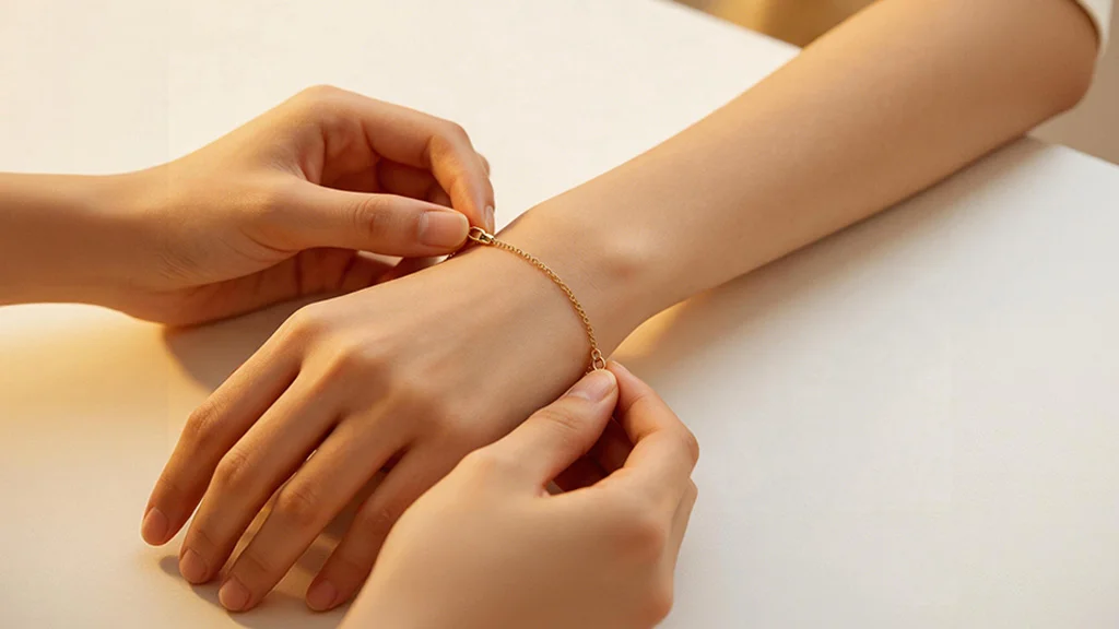 A jeweler's hands fitting a delicate gold chain bracelet on a client's wrist