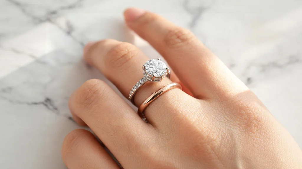A promise ring and engagement ring stacked together on the left ring finger a thin rose gold band alongside a diamond solitaire