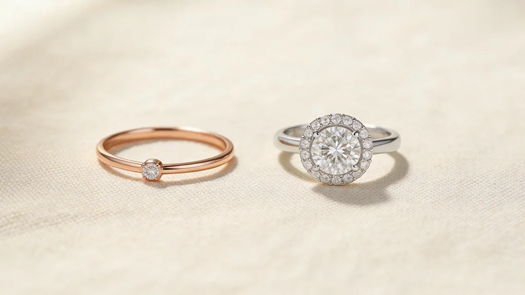 A promise ring vs engagement ring side by side placed on a neutral linen surface