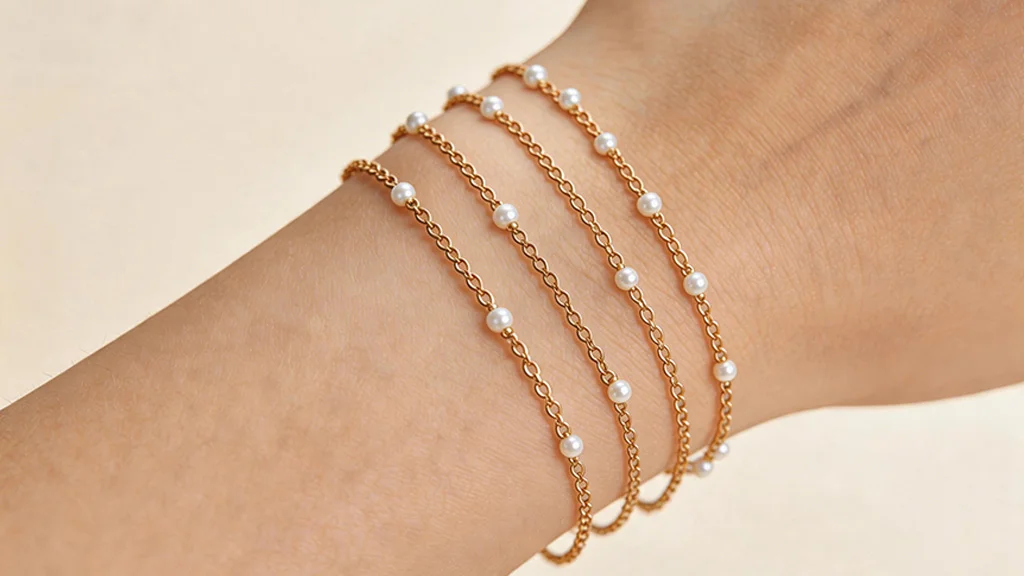 A stack of delicate permanent gold and silver chain bracelets on a woman's wrist