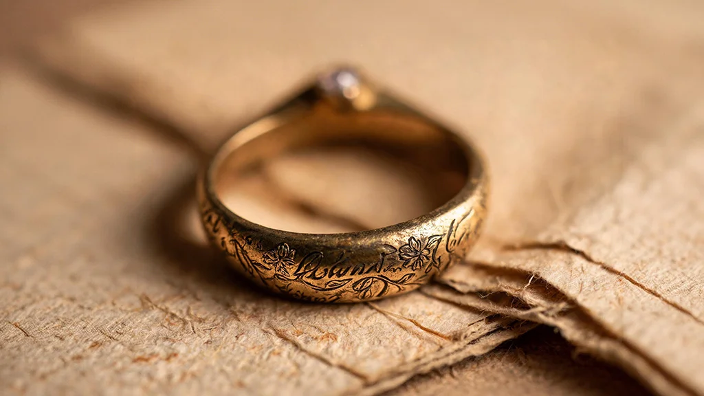A vintage gold ring with hand engraved detailing on aged parchment