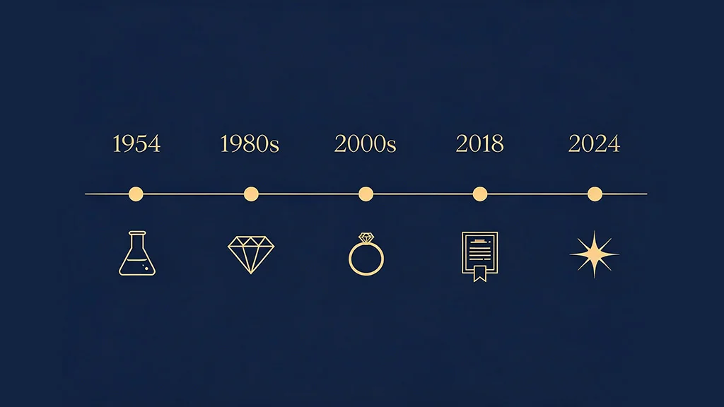 An illustrated timeline of key milestones in lab grown diamond history from 1954 to 2024