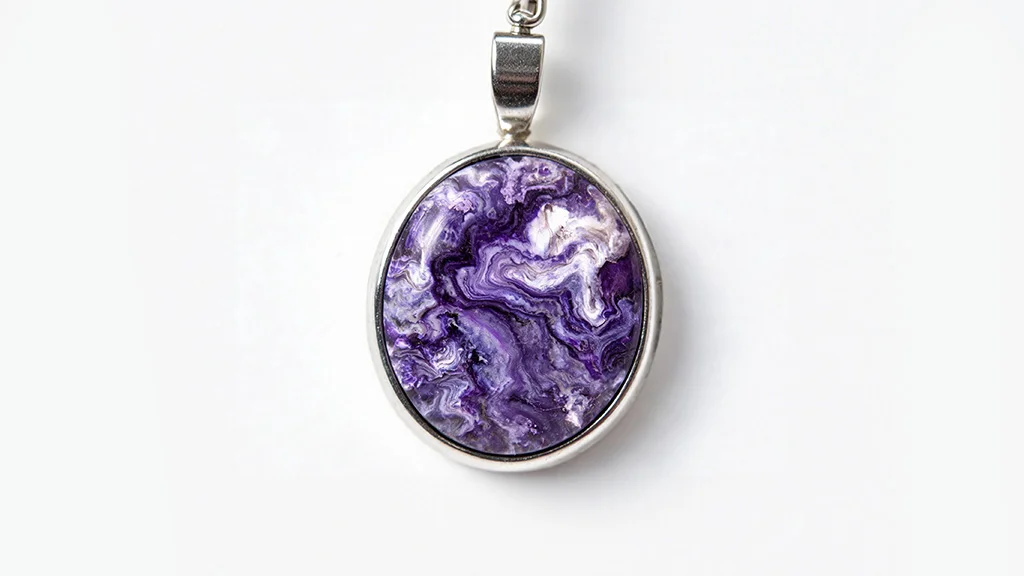 Charoite cabochon with swirling purple pattern in a silver pendant