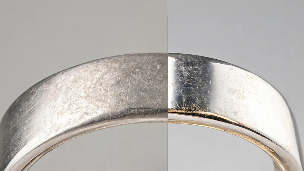Close up comparing platinum patina to worn rhodium plating on white gold