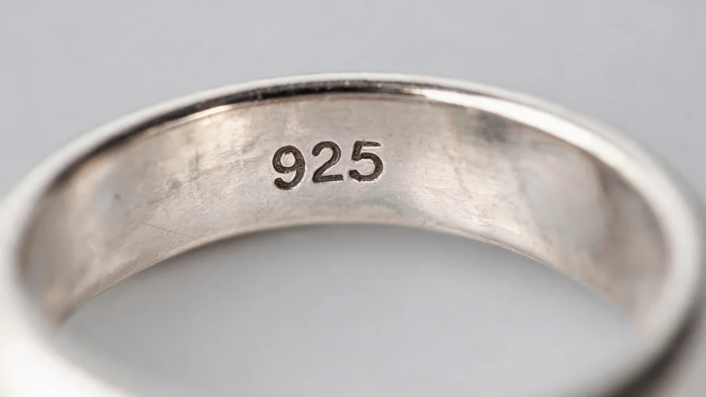 Close up of a 925 hallmark stamp on a sterling silver ring band