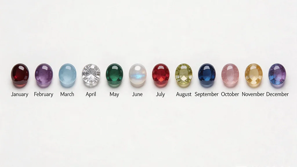 Colour chart showing 12 birthstone gemstones from January to December arranged on a white background