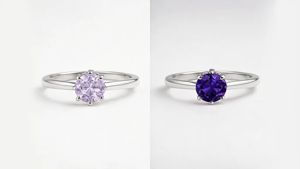 Comparison of light lavender and deep purple gemstone rings in white gold