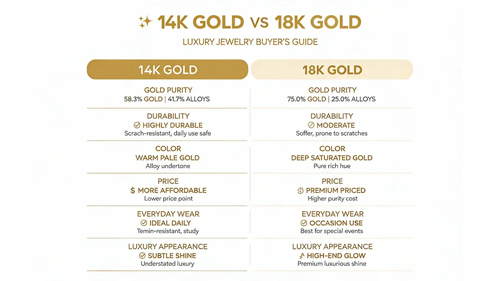 Decision chart comparing 14K gold and 18K gold for jewelry buyers